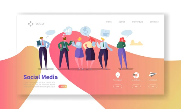 Social Media Landing Page Template. Website Layout with Flat People Characters Communicating. Easy to Edit and Customize Mobile Web Site. Vector illustration — Stock Vector