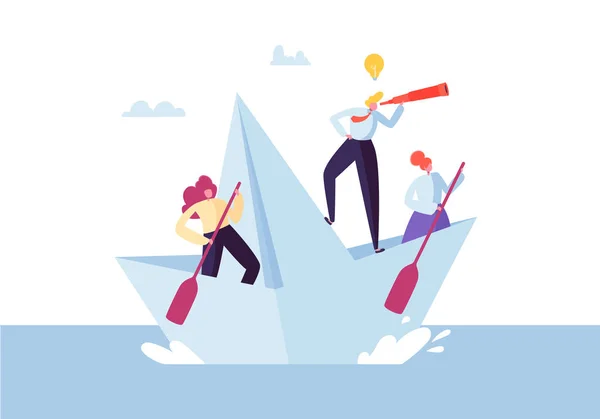 Business People Floating on a Paper Ship. Flat Characters with Spyglass Sailing on Boats. Team Work and Leadership Concept. Vector illustration — Stock Vector