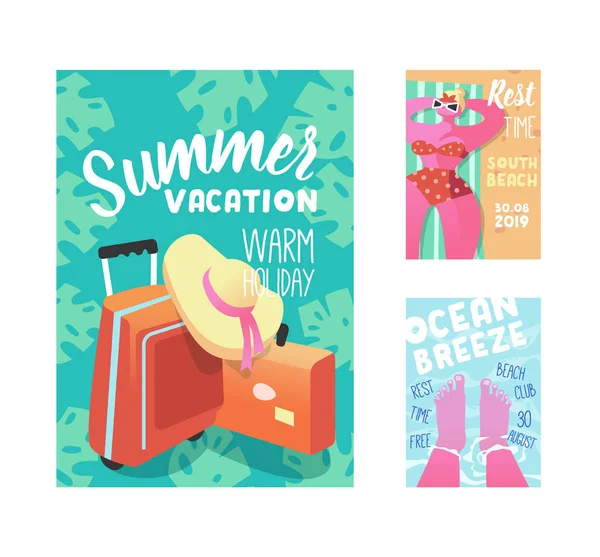 Cartel de vacaciones de verano, folleto, plantilla de invitación. Banner de vacaciones de playa con equipaje, mar, mujer tomando el sol y agua azul. Ilustración vectorial — Archivo Imágenes Vectoriales