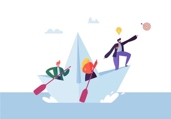 Business People Floating on a Paper Ship. Flat Characters with Spyglass Sailing on Boats. Team Work and Leadership Concept. Vector illustration — Stock Vector