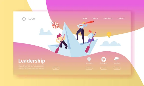 Plantilla de Landing Page del concepto de liderazgo. Diseño del sitio web con personajes de personas planas con Spyglass en buques de papel. Fácil de editar y personalizar el sitio web móvil. Ilustración vectorial — Archivo Imágenes Vectoriales