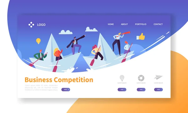 Business Challenge Concept Modelo de landing page. Layout de site com personagens de pessoas planas com Spyglass em barcos de papel. Fácil de editar e personalizar site móvel. Ilustração vetorial — Vetor de Stock