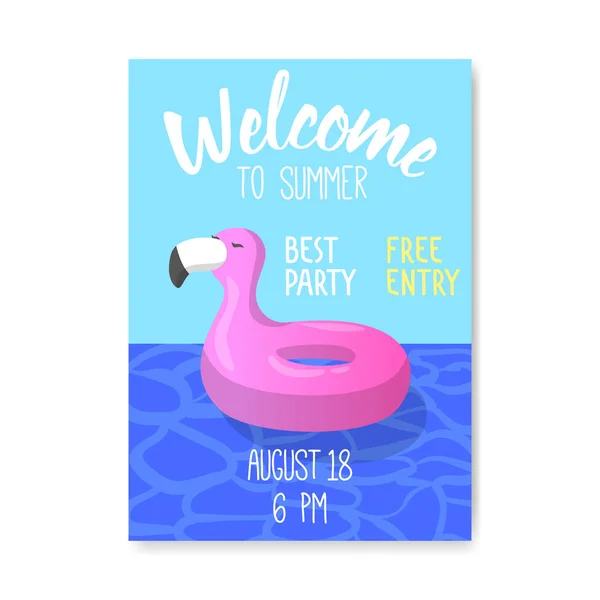 Πισίνα πάρτυ αφίσας, πανό, πρόσκληση. Καλοκαιρινό φυλλάδιο με φουσκωτά ροζ φλαμίνγκο. Flyer πρότυπο Beach Party. Εικονογράφηση διάνυσμα — Διανυσματικό Αρχείο