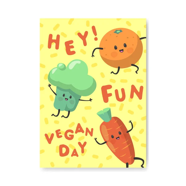 Плакат Веганского Дня, Бэннер, Флаер. Всемирный вегетарианский праздник со смешными овощами и органической едой. Концепция здорового питания. Векторная иллюстрация — стоковый вектор