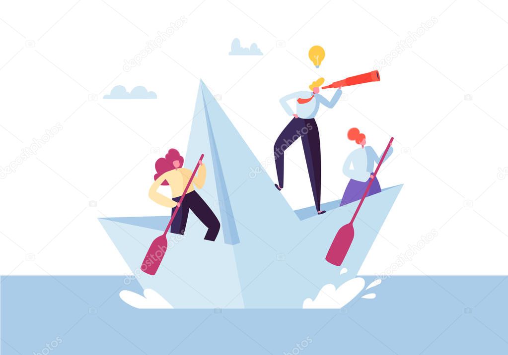 Business People Floating on a Paper Ship. Flat Characters with Spyglass Sailing on Boats. Team Work and Leadership Concept. Vector illustration