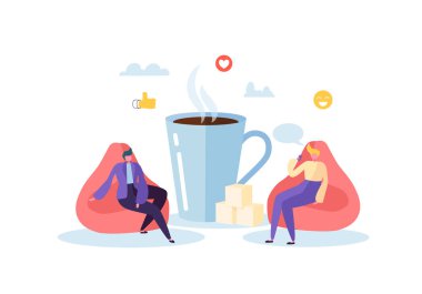 Ofis öğle yemeği zamanı. İş insanlar kahve molası karakterlerde. Çalışanlar konuşurken, içme ve dinlenme içecekler sıcak. Vektör çizim