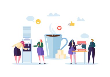 Ofis öğle yemeği zamanı. İş insanlar kahve molası karakterlerde. Çalışanlar konuşurken, içme ve dinlenme içecekler sıcak. Vektör çizim