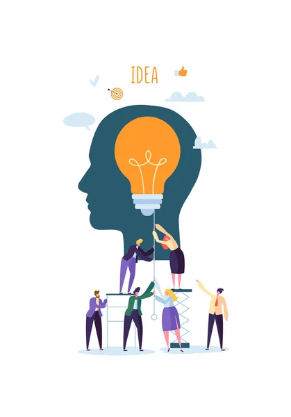 Kreative Idee, Fantasie, Innovationskonzept mit Glühbirne. Geschäftsleute arbeiten gemeinsam an einem neuen Projekt. Vektorillustration — Stockvektor