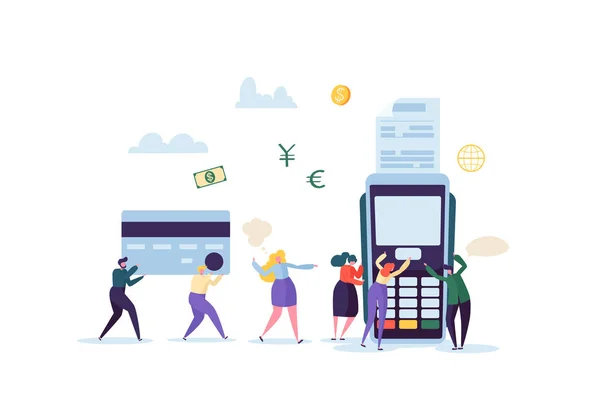 Credit Card Payment by Terminal Concept with Flat People. Financial Transaction with Characters and Money. Vector illustration — Stock Vector
