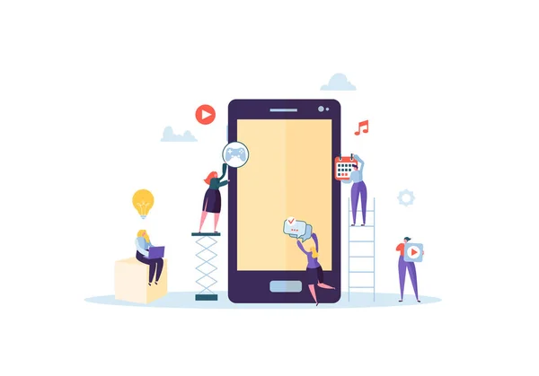 Personajes Planos Construyendo Aplicación Móvil con Iconos en la Pantalla del Smartphone. Concepto de Desarrollo Wireframe. Ilustración vectorial — Archivo Imágenes Vectoriales