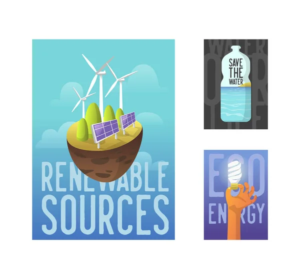 Nachhaltige Energiequellen, grüne Technologie, Umweltkonzept. Solarbatterie, Windkraft. Umweltplakat, Plakat, Flyer. Vektorillustration — Stockvektor