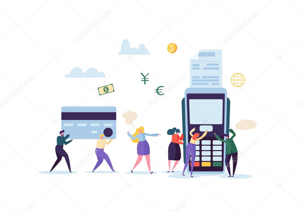 Credit Card Payment by Terminal Concept with Flat People. Financial Transaction with Characters and Money. Vector illustration