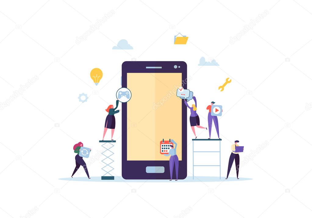 Flat People Characters Building Mobile Application with Icons on the Screen of Smartphone. Wireframe Development Concept. Vector illustration