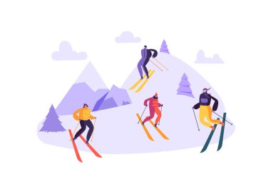 Gözlük ve kayak takımı dağ kayak karakterler. Kar manzara üzerinde kış sporları. Düz insanlar kayakçı açık hava etkinlikleri. Vektör çizim