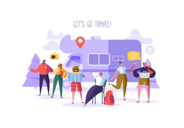 Mutlu karakterler Vacation üzerinde. Araba konsepti düz insanlar gezginler ile üzerinde seyahat. Erkek ve kadın seyahat. Turistler harita ve sırt çantası ile. Vektör çizim