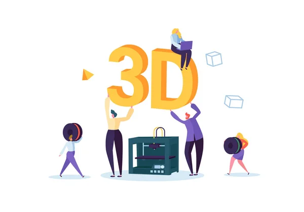 Concepto de tecnología de impresión 3D. Equipo de impresora 3D con personajes de personas planas y computadora. Industria de Ingeniería y Prototipos. Ilustración vectorial — Archivo Imágenes Vectoriales