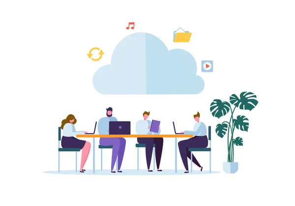 Technologie de stockage Cloud. Man and Woman Working Together Sharing Data Information Transfer Folders. Illustration vectorielle — Image vectorielle