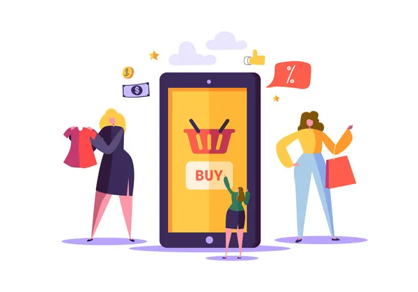 Conceito de Compras Online com Personagens. Loja de e-commerce móvel com pessoas planas Comprando produtos com Smartphone e Tablet. Consumismo Negócios. Ilustração vetorial — Vetor de Stock