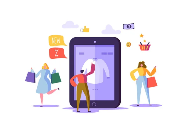 Conceito de Compras Online com Personagens. Loja de e-commerce móvel com pessoas planas Comprando produtos com Smartphone e Tablet. Consumismo Negócios. Ilustração vetorial — Vetor de Stock