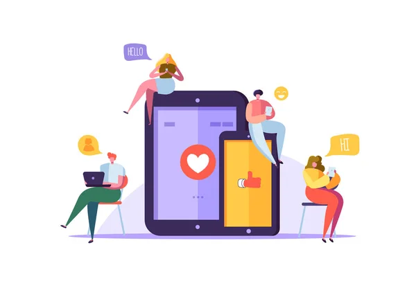 Concetto di social media con personaggi che chattano su gadget. Gruppo di persone piatte che utilizzano dispositivi mobili. Uomo e donna Social Network e Blogging. Illustrazione vettoriale — Vettoriale Stock