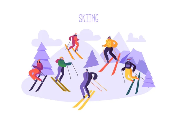 Personajes de esquí de montaña en gafas y traje de esquí. Deportes de invierno en el paisaje de nieve. Flat People Esquiadores Actividades al aire libre. Ilustración vectorial — Archivo Imágenes Vectoriales