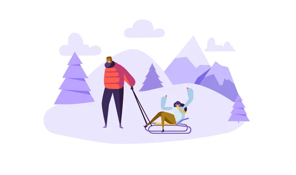 Happy Couple Characters on Winter Activities. Man and Woman Sledding on Snow Mountains. Flat People on Winter Vacation. Vector illustration — Stock Vector