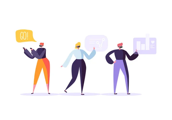 Concept de réalité virtuelle. Personnages Flat People ayant VR World Experience. Technologie du divertissement. Homme et femme en lunettes de réalité augmentée. Illustration vectorielle — Image vectorielle