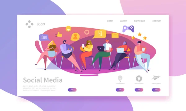 Social Media Services Landing Page. Marketing Communication Concept with Flat People Characters Website Template. Easy to edit and customize. Vector illustration — Stock Vector