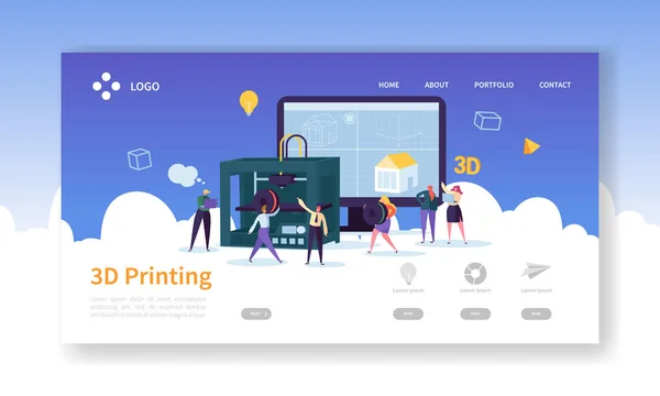 Technologia 3D drukowanie strony docelowej. 3D urządzenia drukarki z płaskim ludzi znaków witryny szablonu. Inżynierii i przemysłu prototypowania. Ilustracja wektorowa — Wektor stockowy