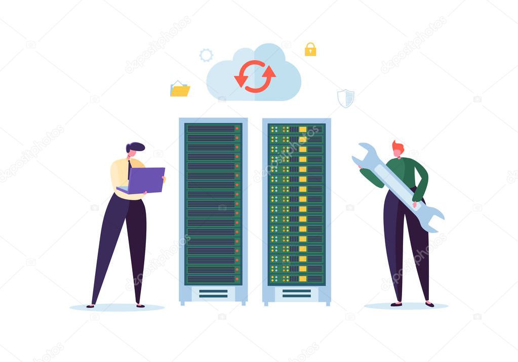 Data Center Technology Concept. Flat People Characters Engineers Working in Network Server Room. Web Hosting Administrator. Vector illustration