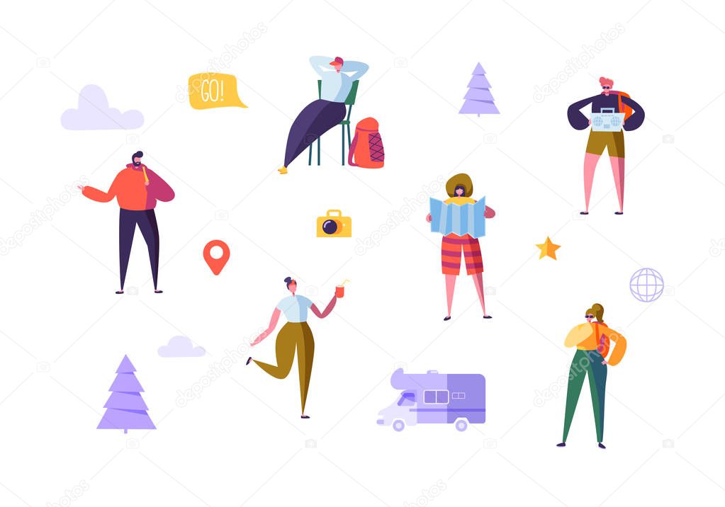 Happy Characters on Vacation. Travel on Car Concept with Flat People Travelers. Man and Woman Traveling. Tourists with Map and Backpack. Vector illustration