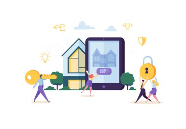 Akıllı Ev Teknolojisi kavramı. İnsanlar karakter ana sayfa guvenlik ve güç enerji tablet mobil uygulaması ile kontrol. Vektör çizim