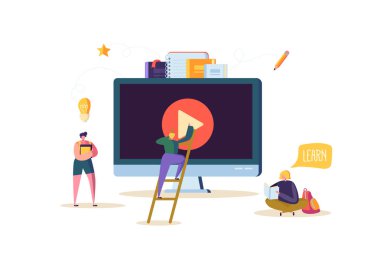 Online eğitim kavramı. E-öğrenme ile düz insanlar bilgisayarda Video ders akarsu izlerken. Mezuniyet üniversiteler öğrenci karakter. Vektör çizim