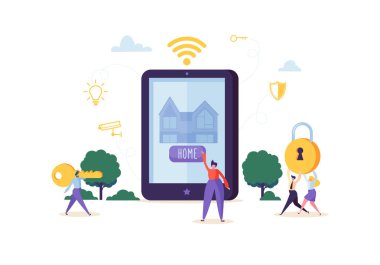 Akıllı Ev Teknolojisi kavramı. İnsanlar karakter ana sayfa guvenlik ve güç enerji tablet mobil uygulaması ile kontrol. Vektör çizim