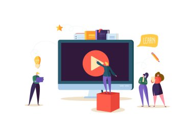 Online eğitim kavramı. E-öğrenme ile düz insanlar bilgisayarda Video ders akarsu izlerken. Mezuniyet üniversiteler öğrenci karakter. Vektör çizim