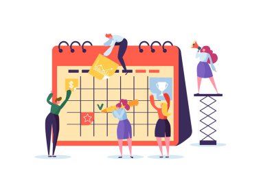 Zamanlama kavramı planlayıcısı ile çalışma iş karakterlerle planlama. Birlikte ekip çalışması. Uçus tarifesi ile düz insanlar Teamworking. Vektör çizim