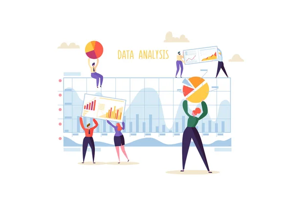 Konzept zur Big-Data-Analyse. Marketing Analytics mit Geschäftsleuten, die mit Diagrammen und Grafiken arbeiten. Vektorillustration — Stockvektor