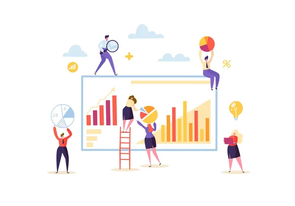 Big Data Analysis Strategy Concept. Marketing Analytics with Business People Characters Working Together with Diagrams and Graphs. Vector illustration — Stok Vektör