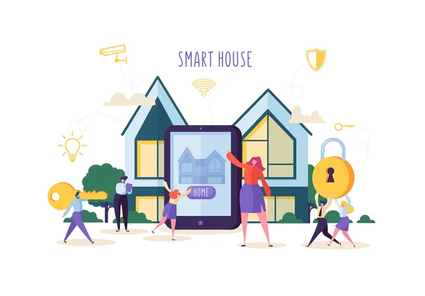 Smart House Technology Concept. Personnages de personnes contrôlant la séquence de la maison et l'énergie électrique avec application mobile sur tablette. Illustration vectorielle — Image vectorielle