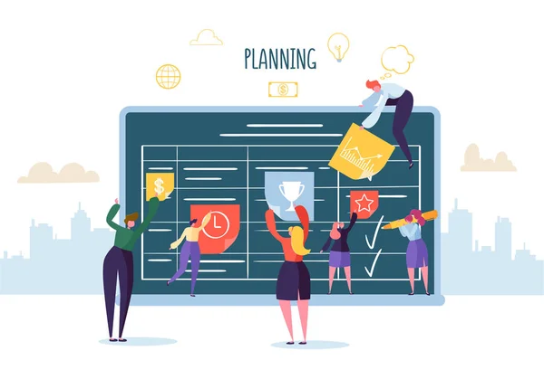 Planning planning Concept met Business tekens werken met Planner. Team samenwerken. Platte mensen onderzoekvaardigheden met tijdschema. Vectorillustratie — Stockvector