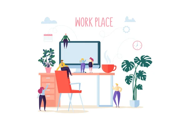 Flache Menschen, die im Büro mit Computer und Pflanzen arbeiten. moderner Arbeitsplatz mit Schreibtisch und Geschäftsleuten. Vektorillustration — Stockvektor