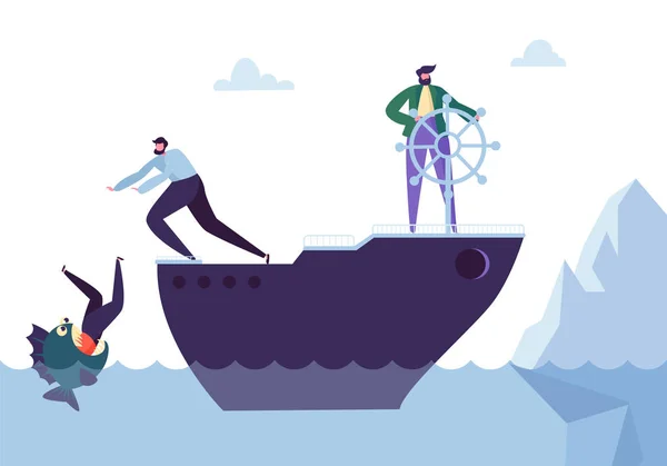 Mensen uit het bedrijfsleven drijvend op het schip in het gevaarlijke Water met haaien. Leiding, Support, crisisbeheerser karakter, onderzoekvaardigheden Concept. Vectorillustratie — Stockvector