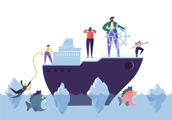 Business People Floating on the Ship in the Dangerous Water with Sharks. Leadership, Support, Crisis Manager Character, Teamworking Concept. Vector illustration — Stock Vector