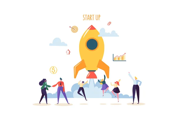 Conceito de inicialização com personagens felizes de salto. Flat Business People lançando Rocket. Novo Projeto Iniciar com Sucesso. Ilustração vetorial — Vetor de Stock