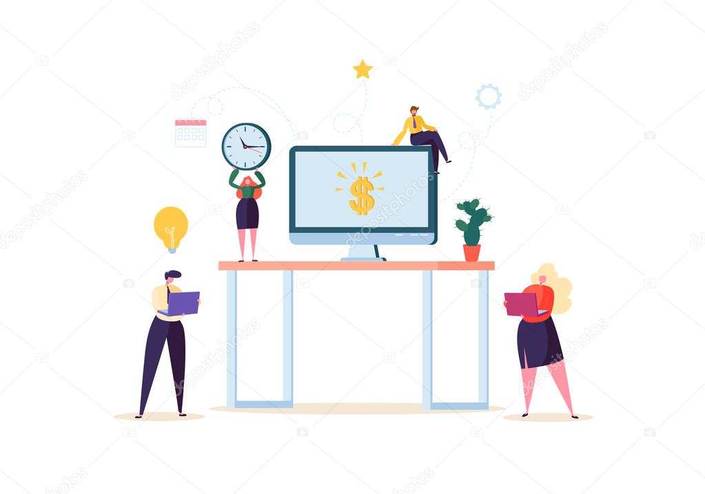 Flat People Characters Working in Office with Computer and Plants. Modern Workspace Workplace with Desk and Business People. Vector illustration