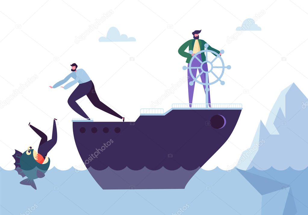 Business People Floating on the Ship in the Dangerous Water with Sharks. Leadership, Support, Crisis Manager Character, Teamworking Concept. Vector illustration