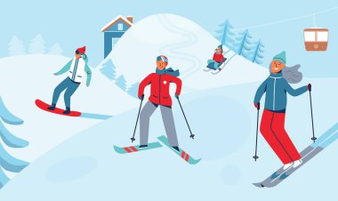 Kış tatil rekreasyon spor aktivitesi. Ski Resort, Kayak ve snowboard karakterler yatay. Mutlu insanlar üzerinde karlı yokuş aşağı sürme. Vektör çizim