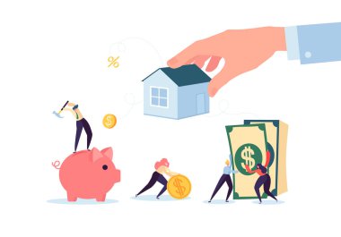 Karakter Mortrage House için ödeme. Gayrimenkul yatırım. Kiralama veya kredi ev kavramı. Kredi borcu, mali sorun. Vektör çizim