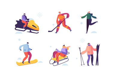 Kış spor aktiviteleri karakterlerle. İnsanlar açık kayakçı, Snowboarder, buz patencisi, hokey. Vektör çizim