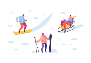Kış spor aktiviteleri karakterlerle. İnsanlar açık kayakçı, Snowboarder, buz patencisi, hokey. Vektör çizim